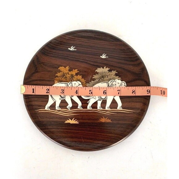 Vintage Handmade Wood Inlaid Elephants 9" Round Plate Dish Safari Decor - Picture 6 of 6
